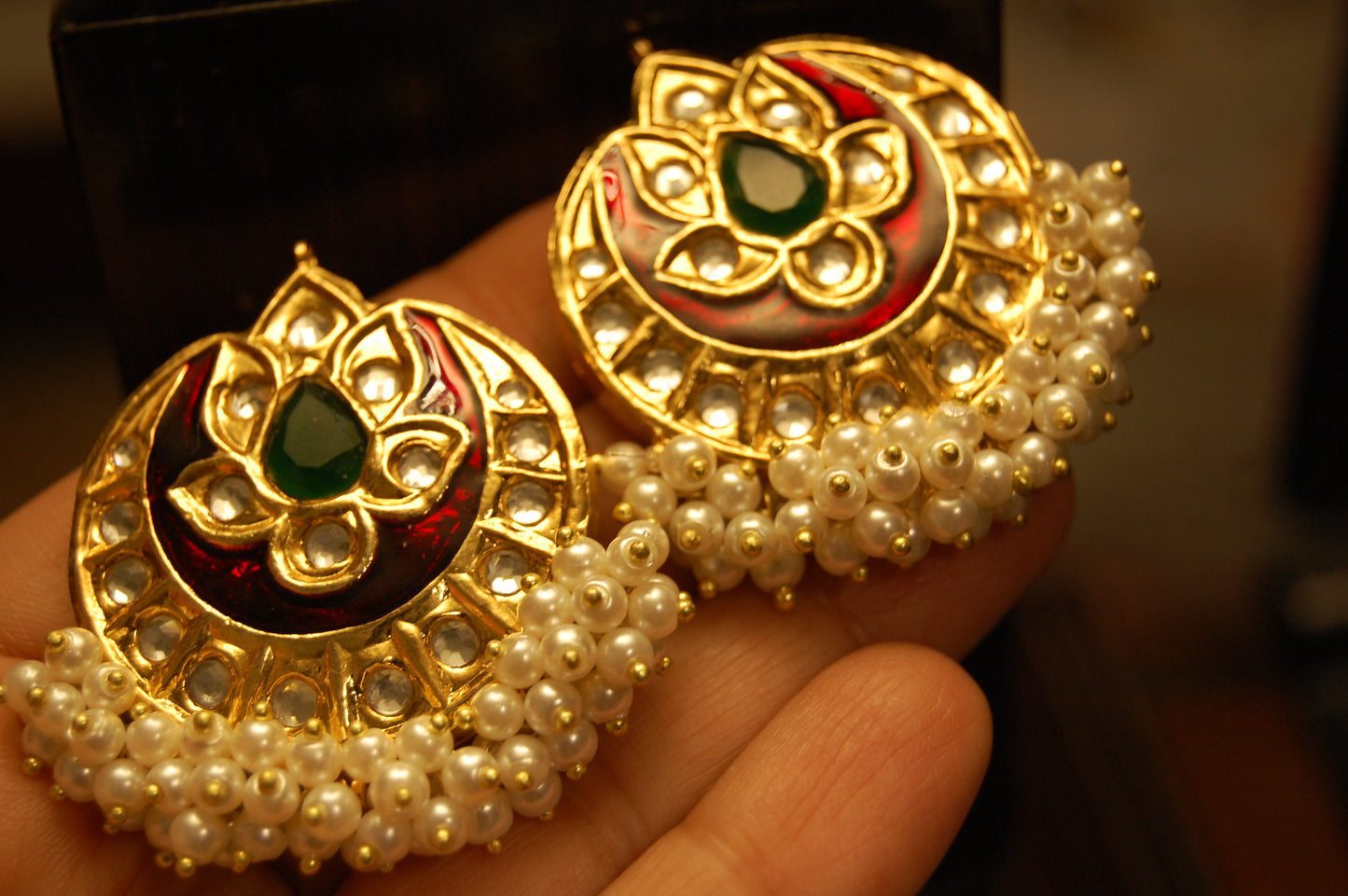 RED MEENA WITH GREEN STONE EARRINGS