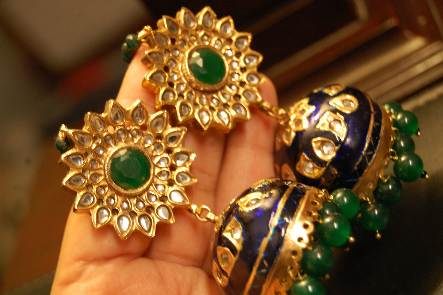 BLUE MEENA & GREEN KUNDAN JHUMKAS