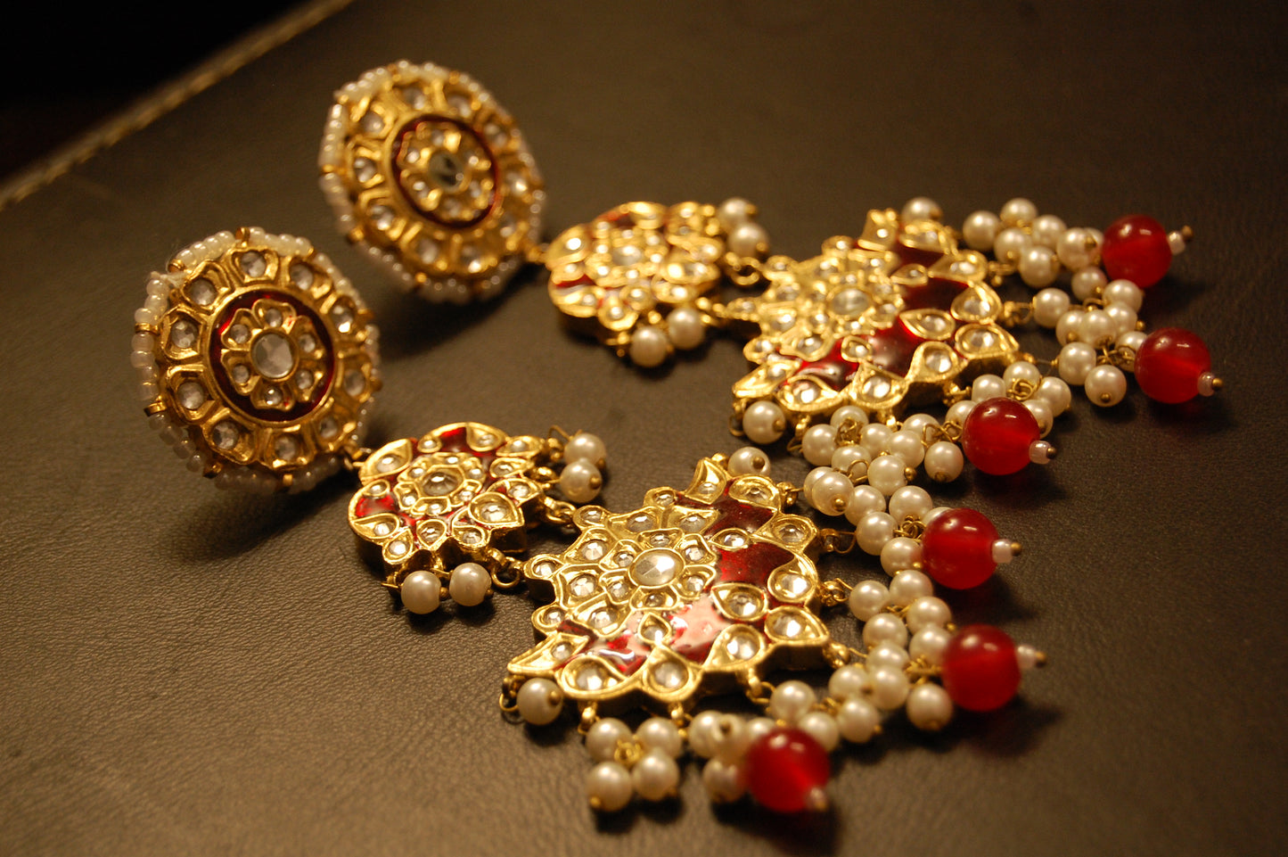 LONG RED MEENA & KUNDAN EARRINGS