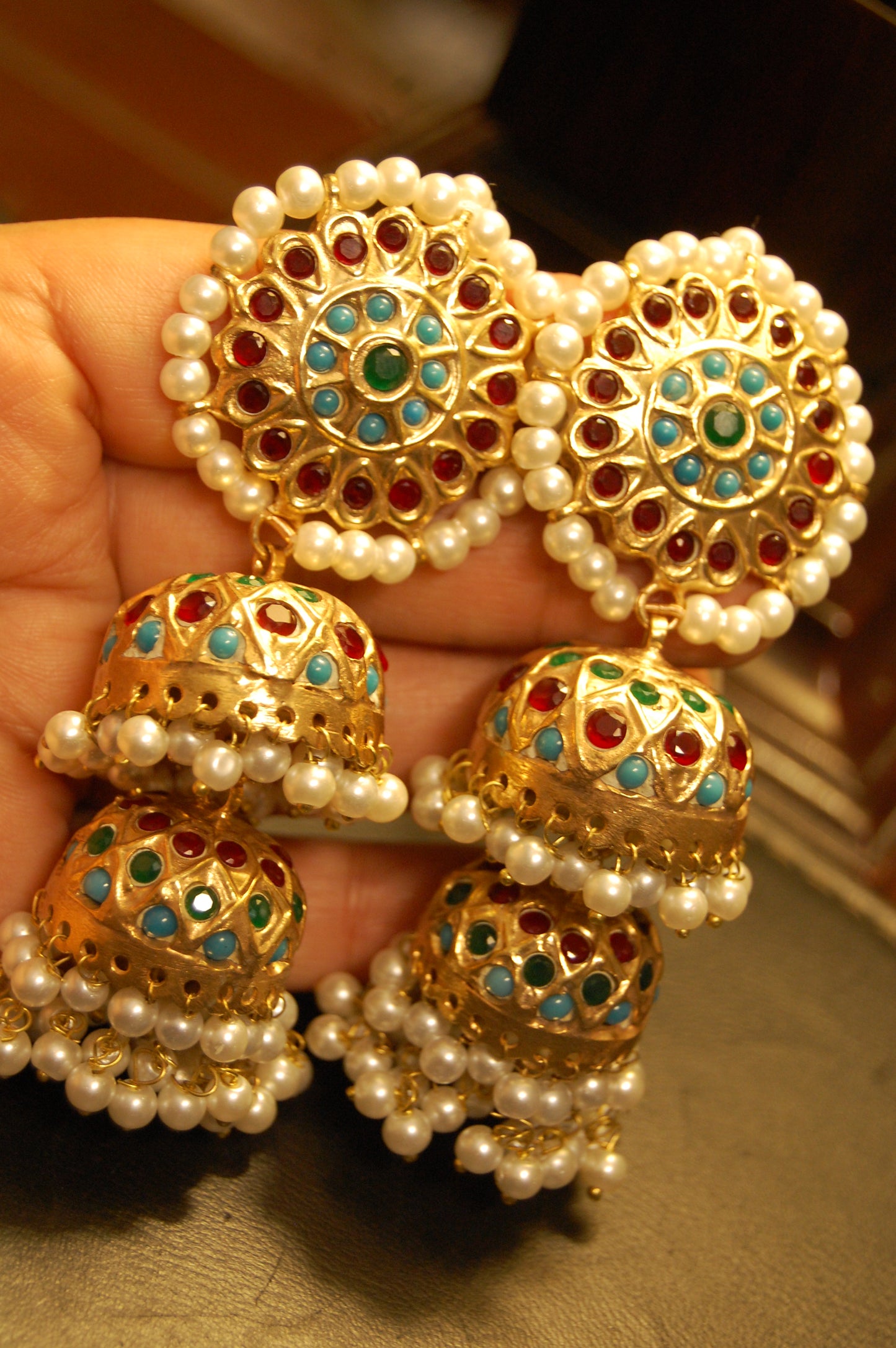MULTI STONE TWO LAYERED JHUMKAS