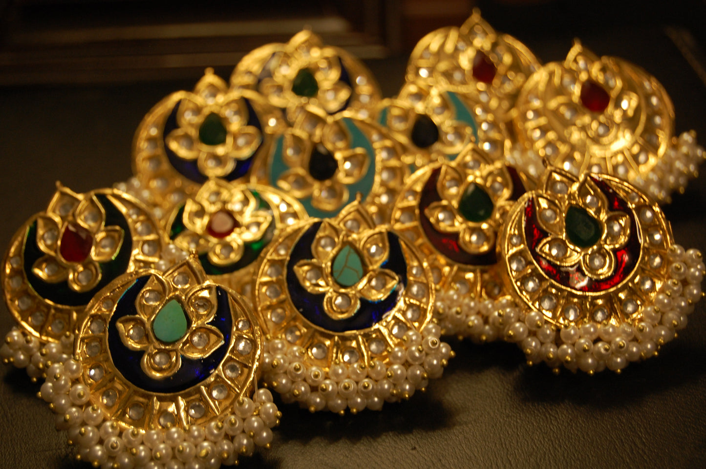 BLUE MEENA WITH BLUE STONE & PEARLS EARRINGS