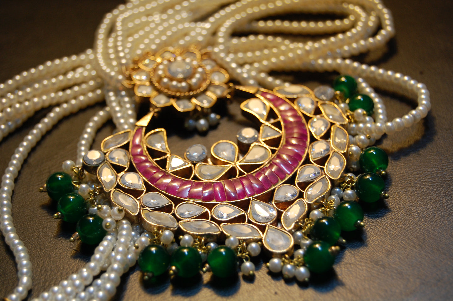 ELEGANT KUNDAN MALA IN RED & GREEN IN PEARLS STRING