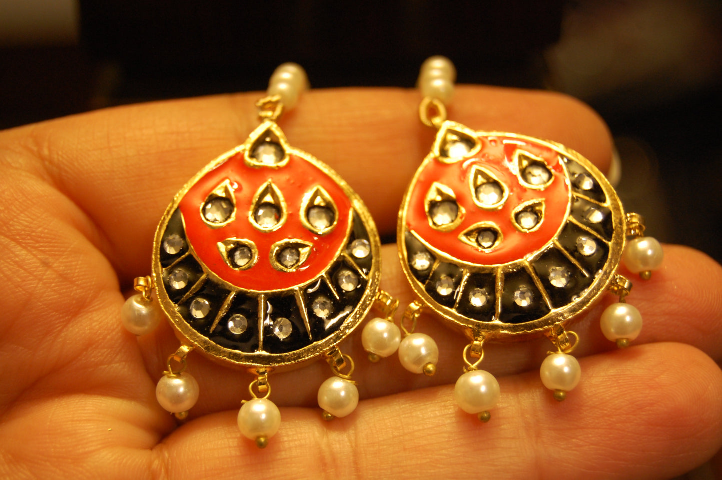 ORANGE MEENA & KUNDAN EARRINGS