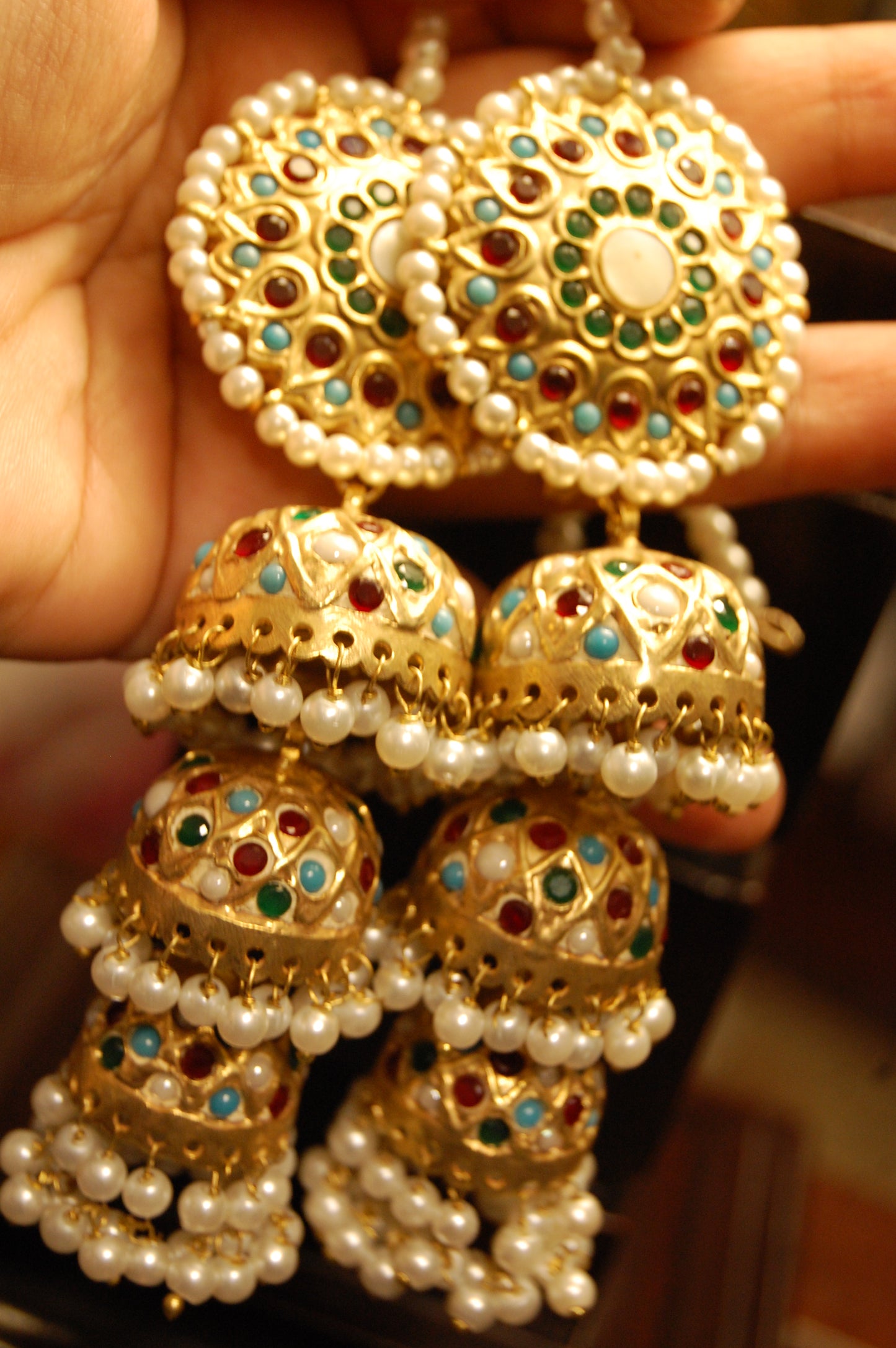 THREE LAYERED MULTI STONE JHUMKAS
