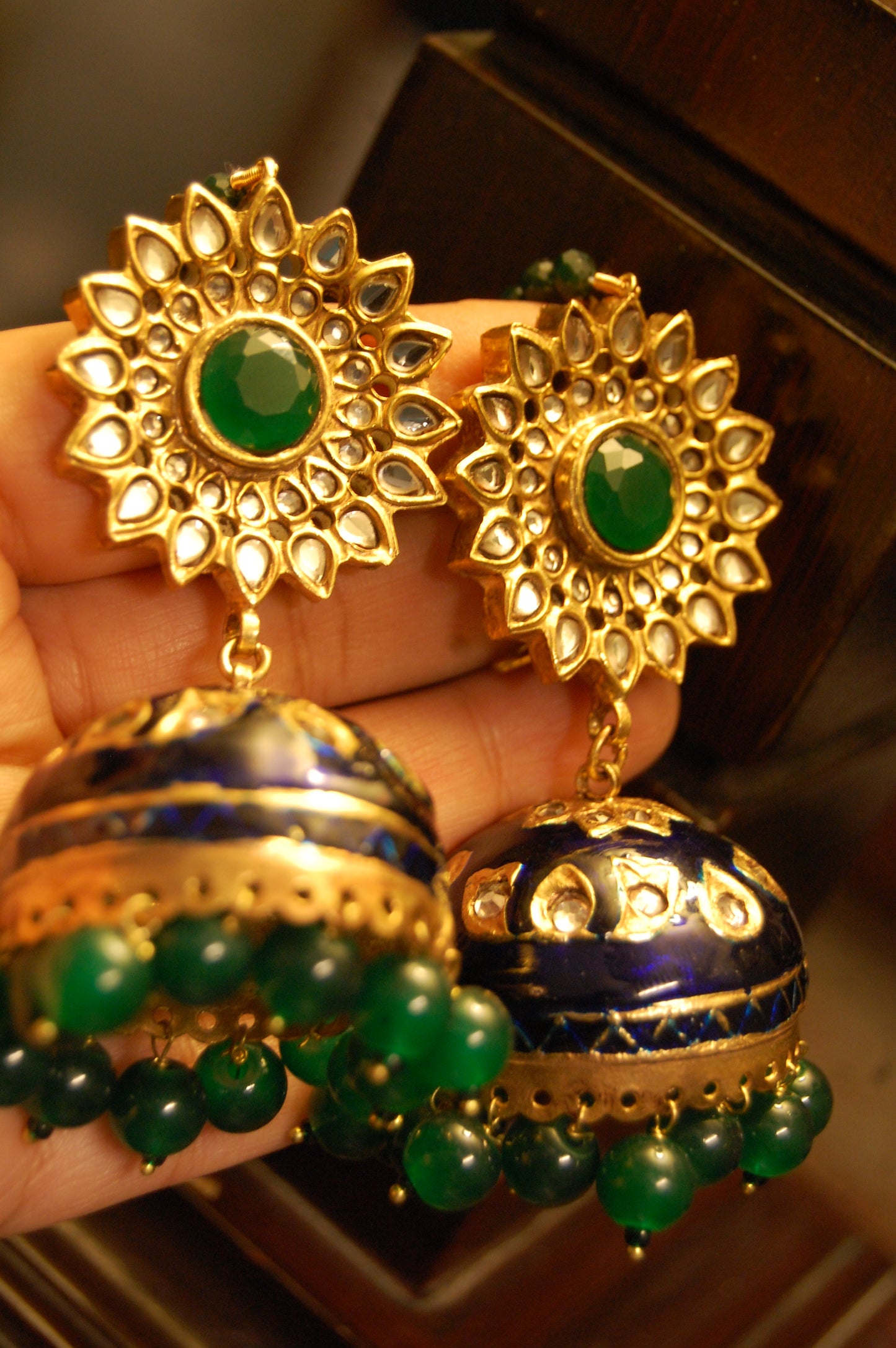 BLUE MEENA & GREEN KUNDAN JHUMKAS