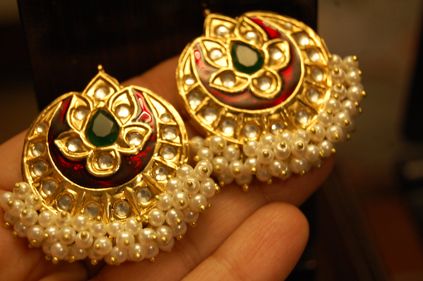 RED MEENA WITH GREEN STONE EARRINGS
