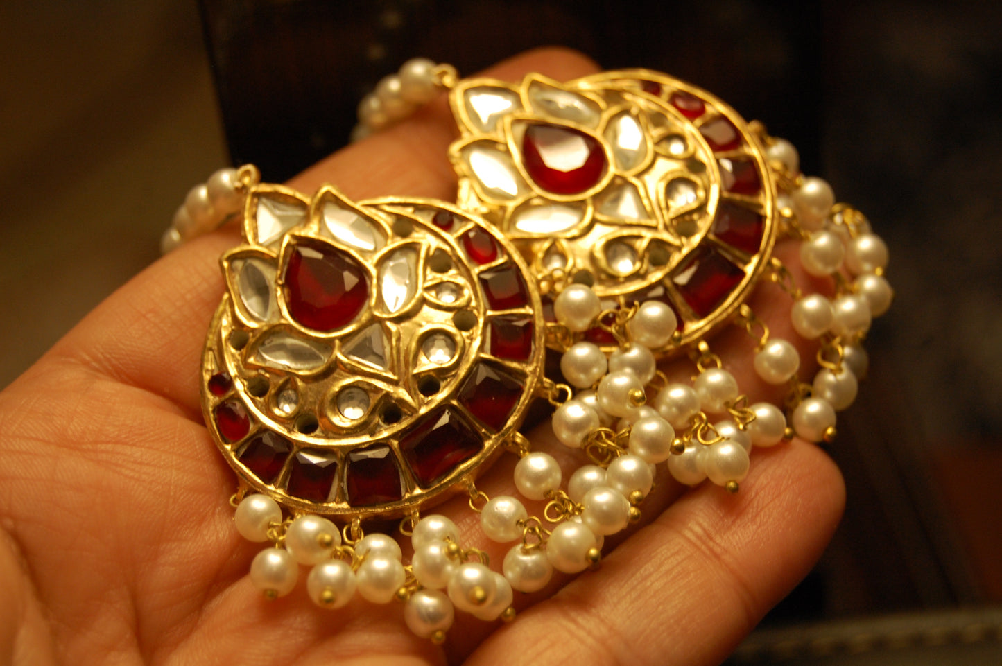 RED KUNDAN & PEARLS EARRINGS