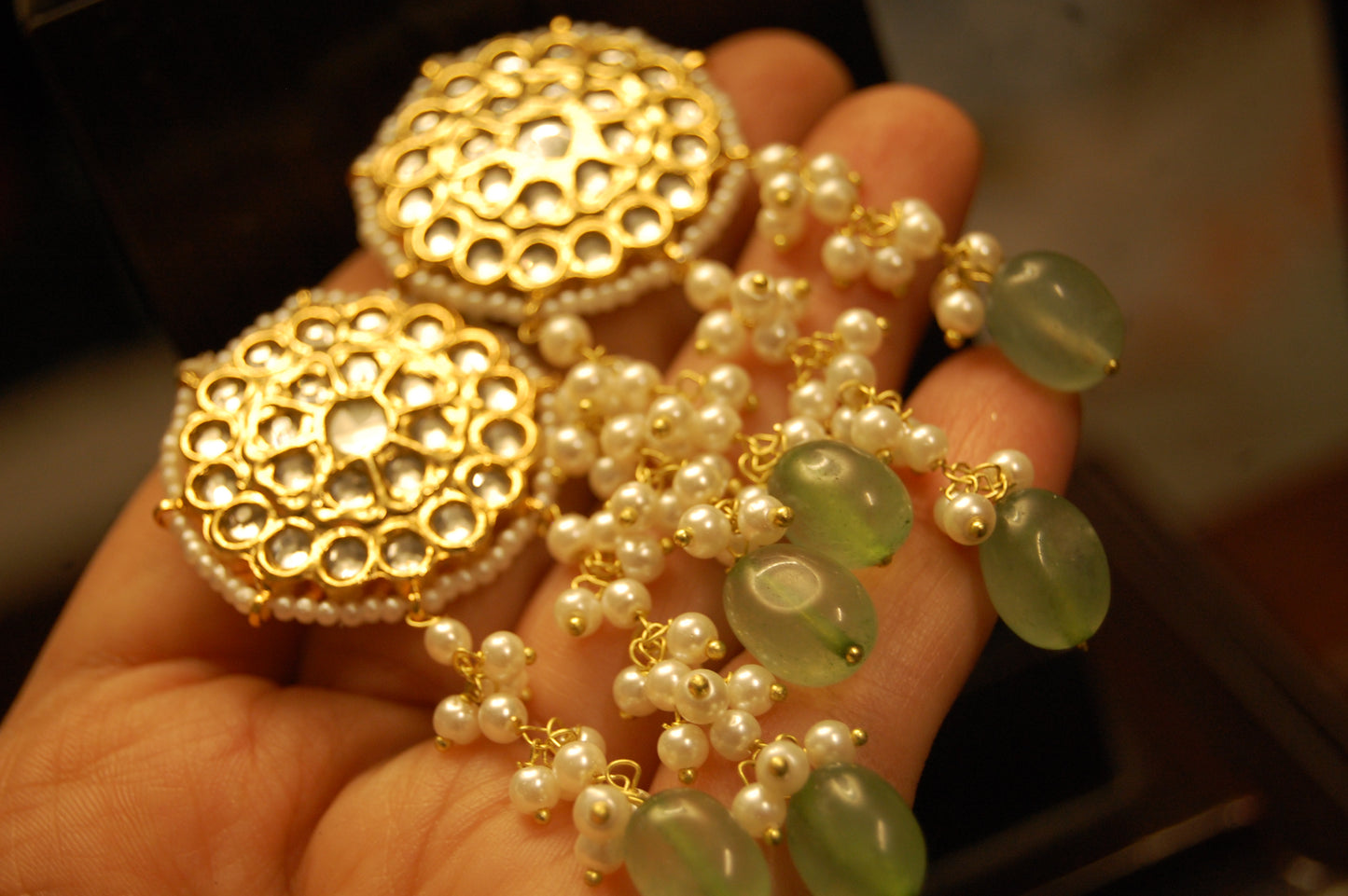 ELEGANT KUNDAN EARRINGS WITH JADE & PEARLS