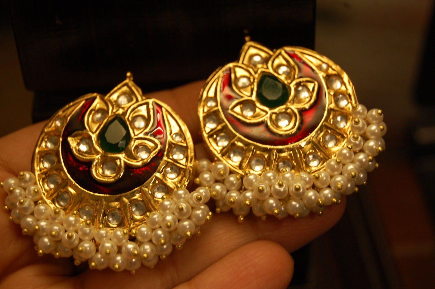 RED MEENA WITH GREEN STONE EARRINGS