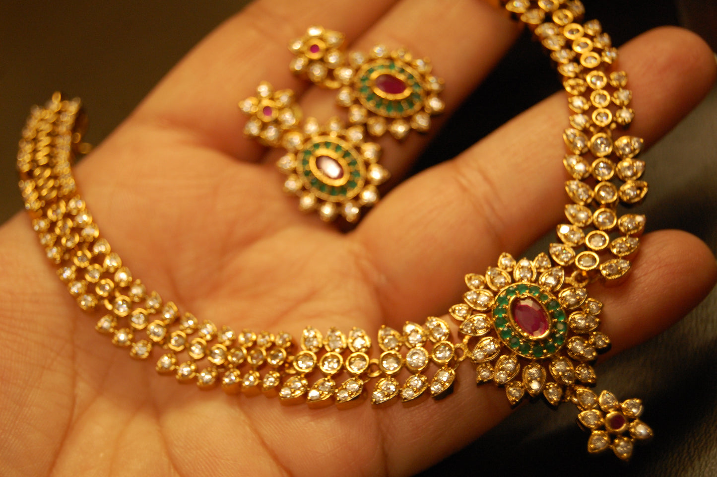SOUTH INDIAN PEARL NECKLACE SET IN ZIRCON
