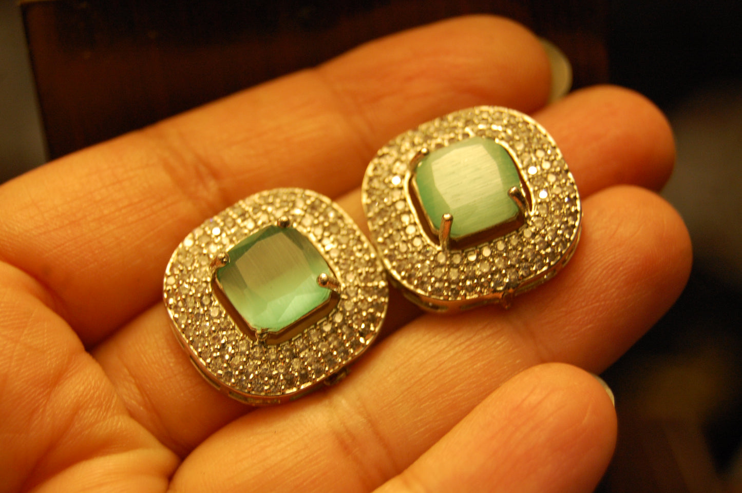JADE GREEN & ZIRCON EARRINGS