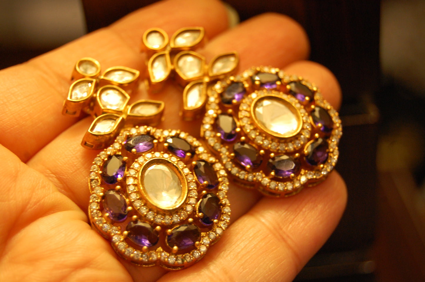 PURPLE AMETHYST POLKI KUNDAN EARRINGS