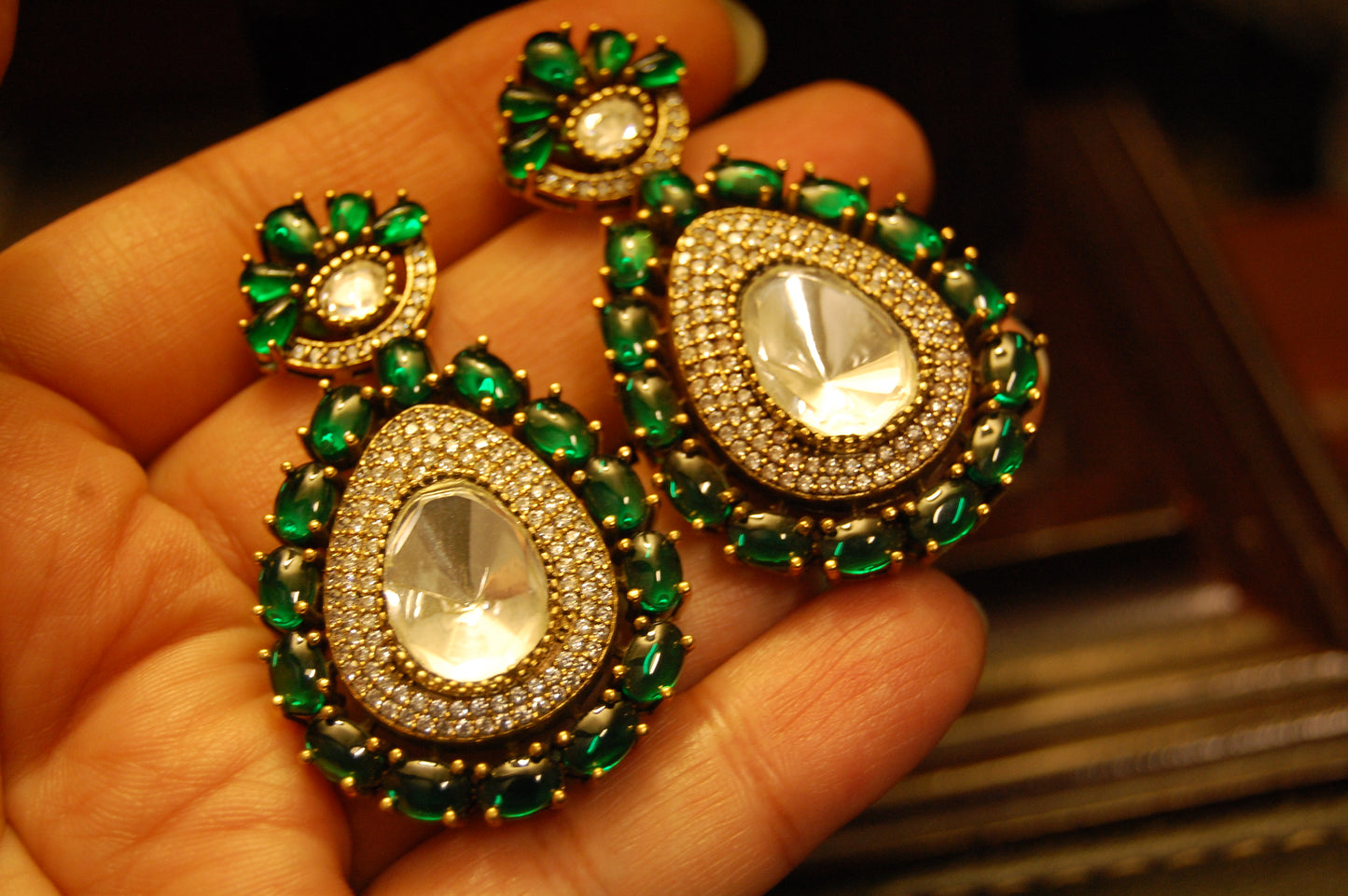 GREEN POLKI KUNDAN EARRINGS