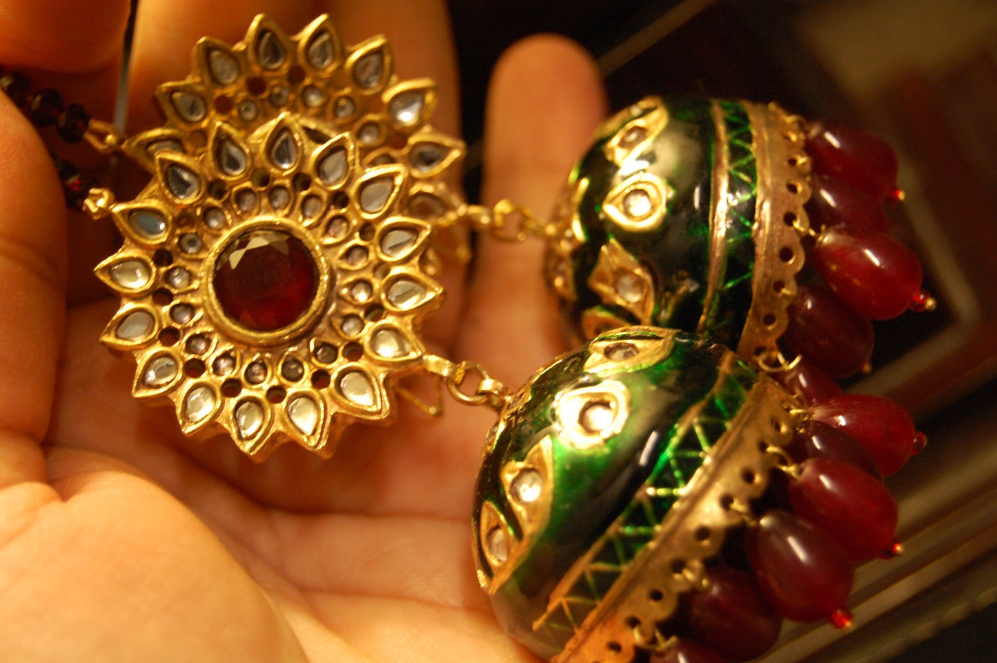 GREEN MEENA & RED KUNDAN JHUMKAS
