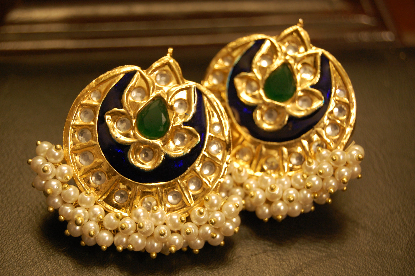 BLUE MEENA WITH BLUE STONE & PEARLS EARRINGS