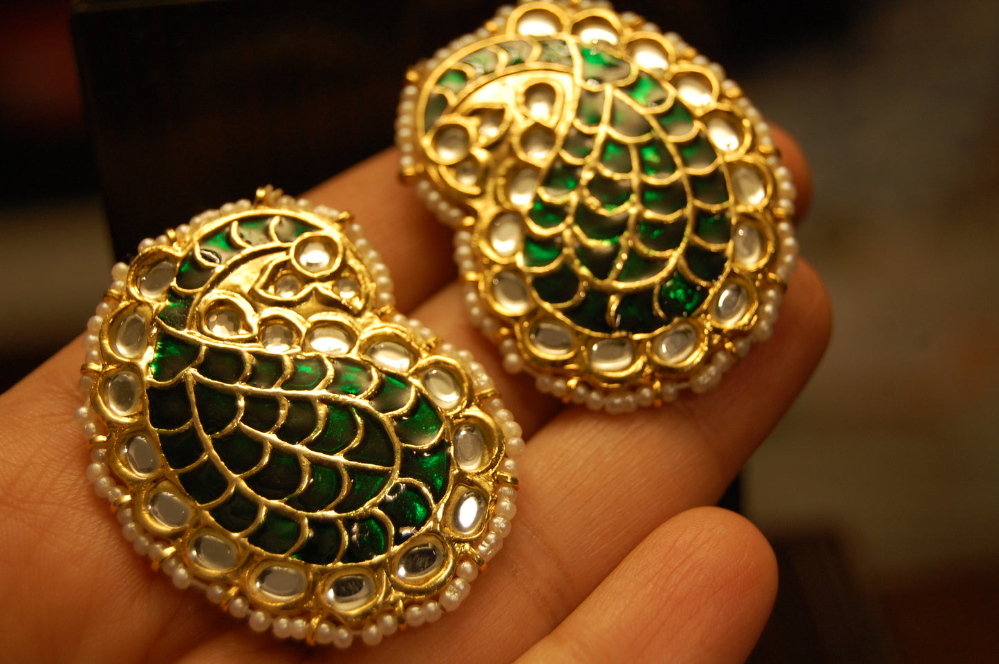 GREEN KUNDAN & MEENA PAISLEY EARRINGS