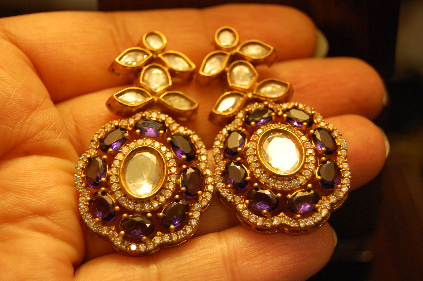PURPLE AMETHYST POLKI KUNDAN EARRINGS