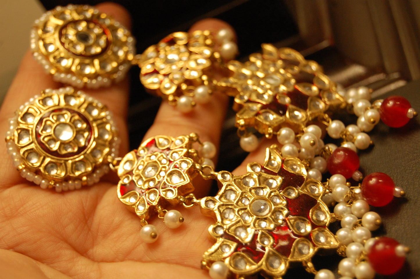 LONG RED MEENA & KUNDAN EARRINGS