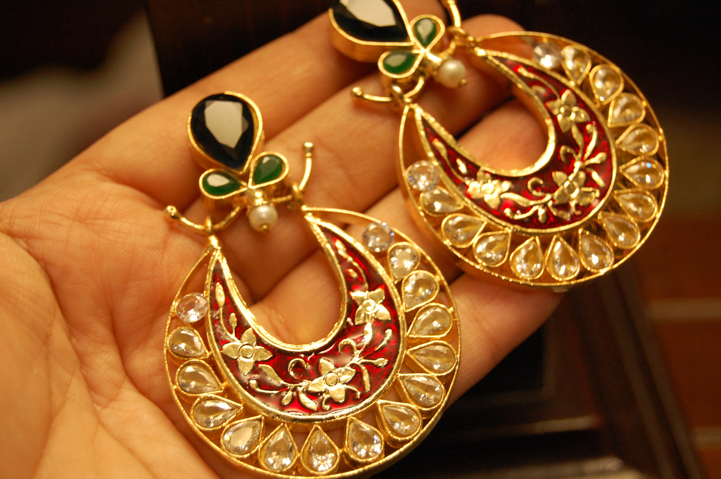 RED MEENA & KUNDAN EARRINGS WITH BLUE,GREEN