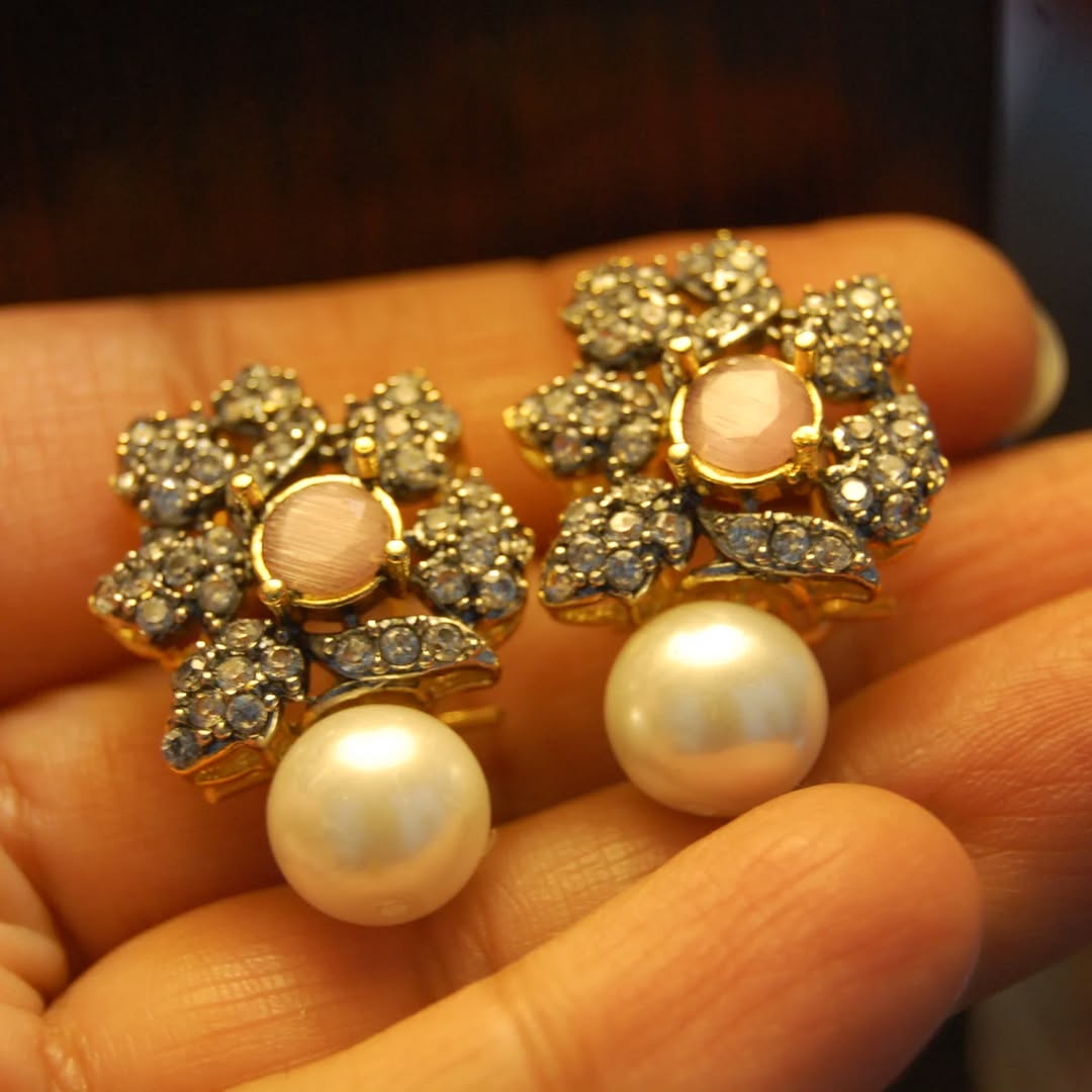 PINK, ZIRCON & PEARL EARRINGS