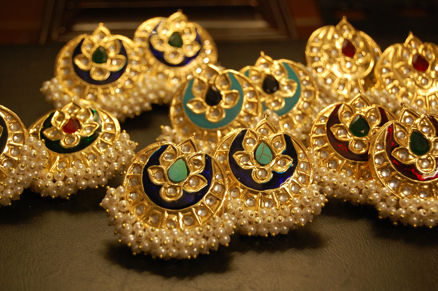 BLUE MEENA WITH BLUE STONE & PEARLS EARRINGS