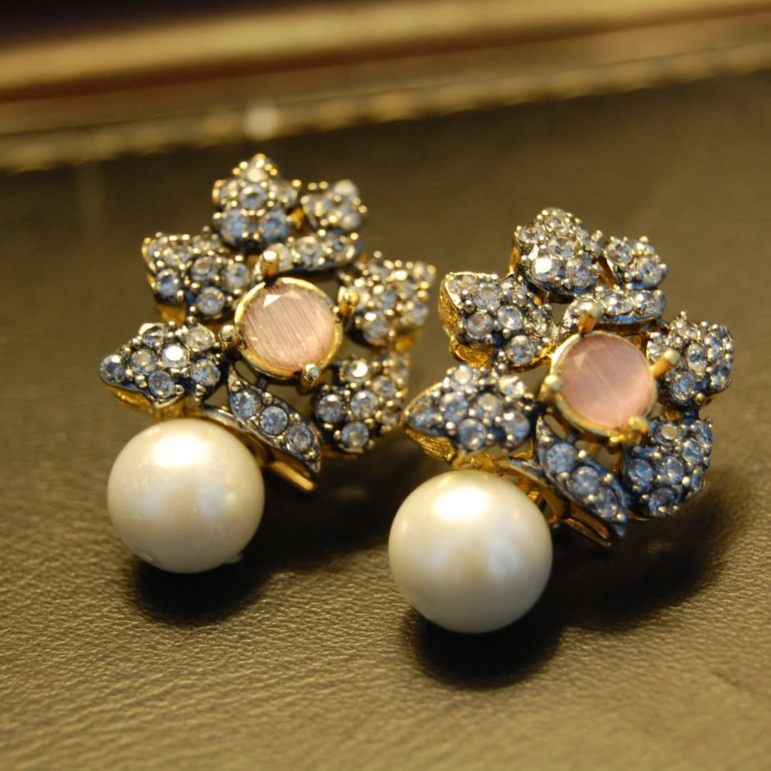 PINK, ZIRCON & PEARL EARRINGS