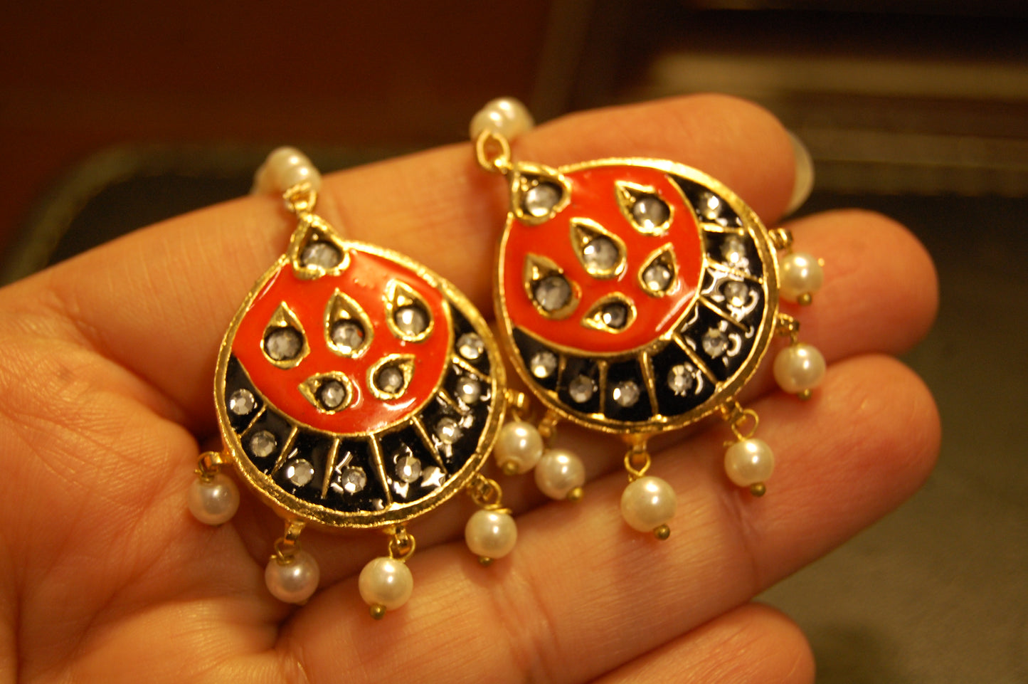 ORANGE MEENA & KUNDAN EARRINGS