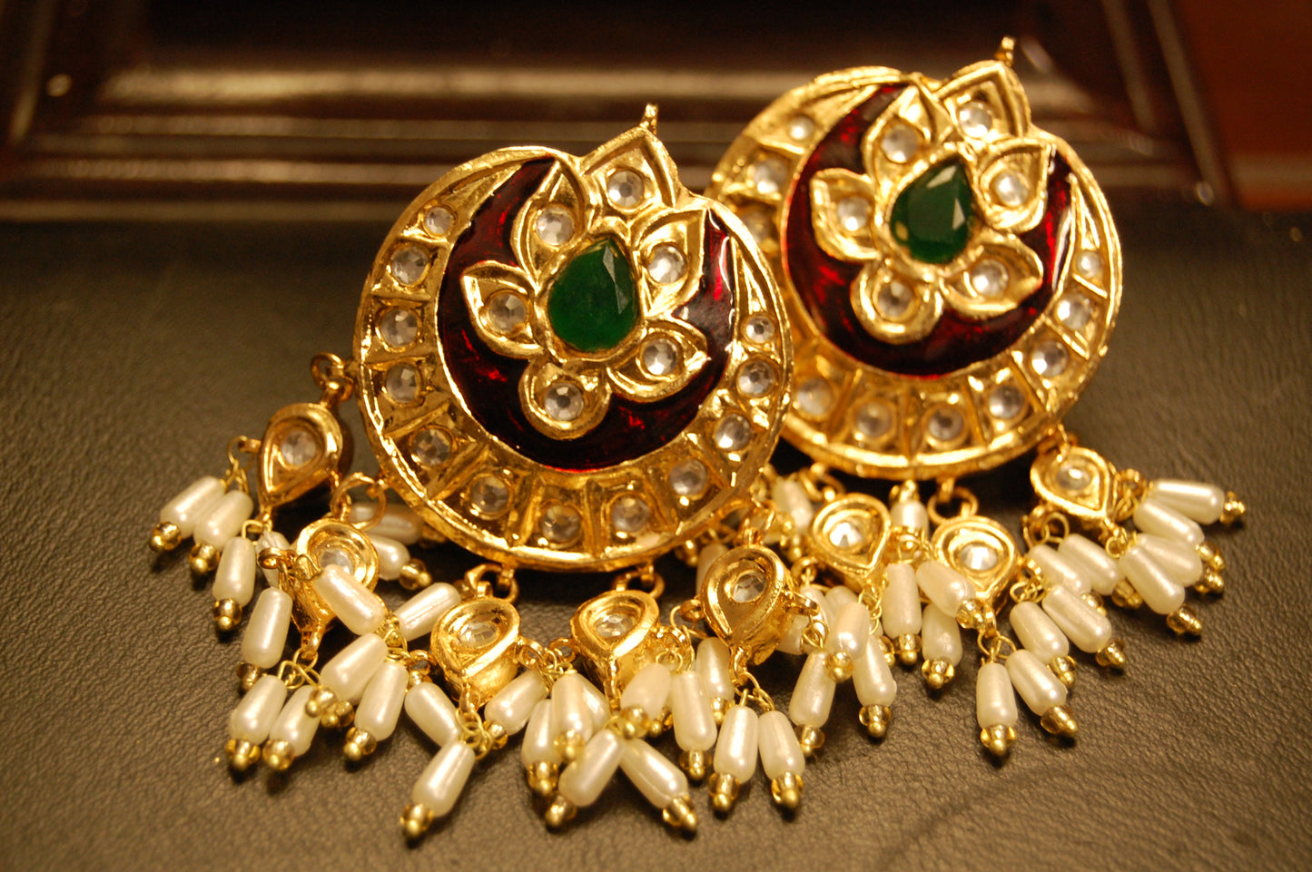 RED MEENA & GREEN EARRINGS WITH PEARLS