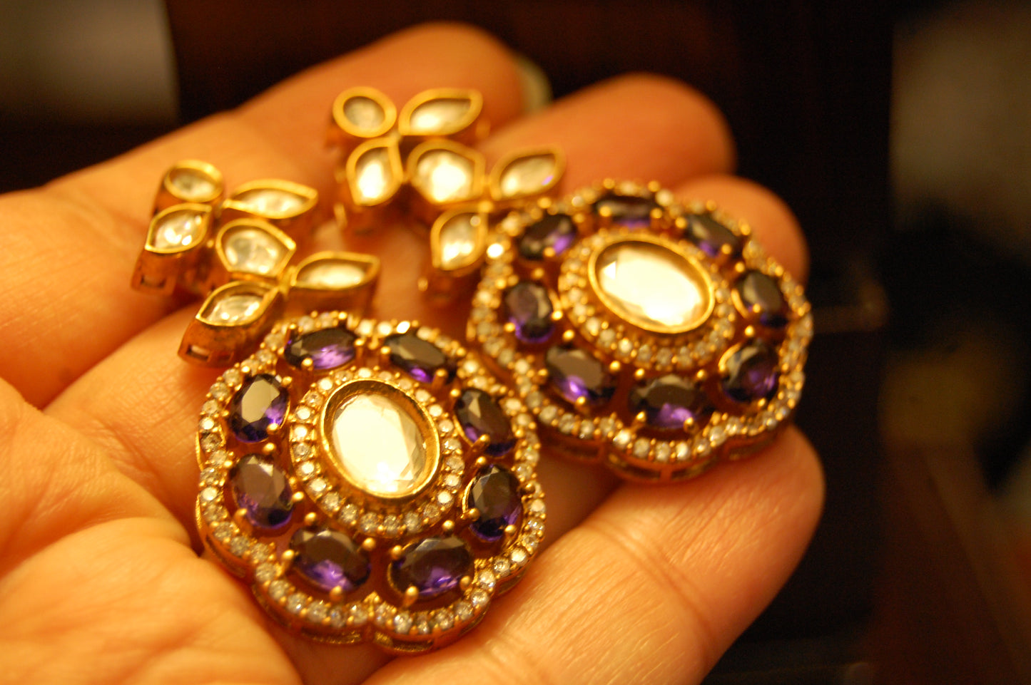 PURPLE AMETHYST POLKI KUNDAN EARRINGS