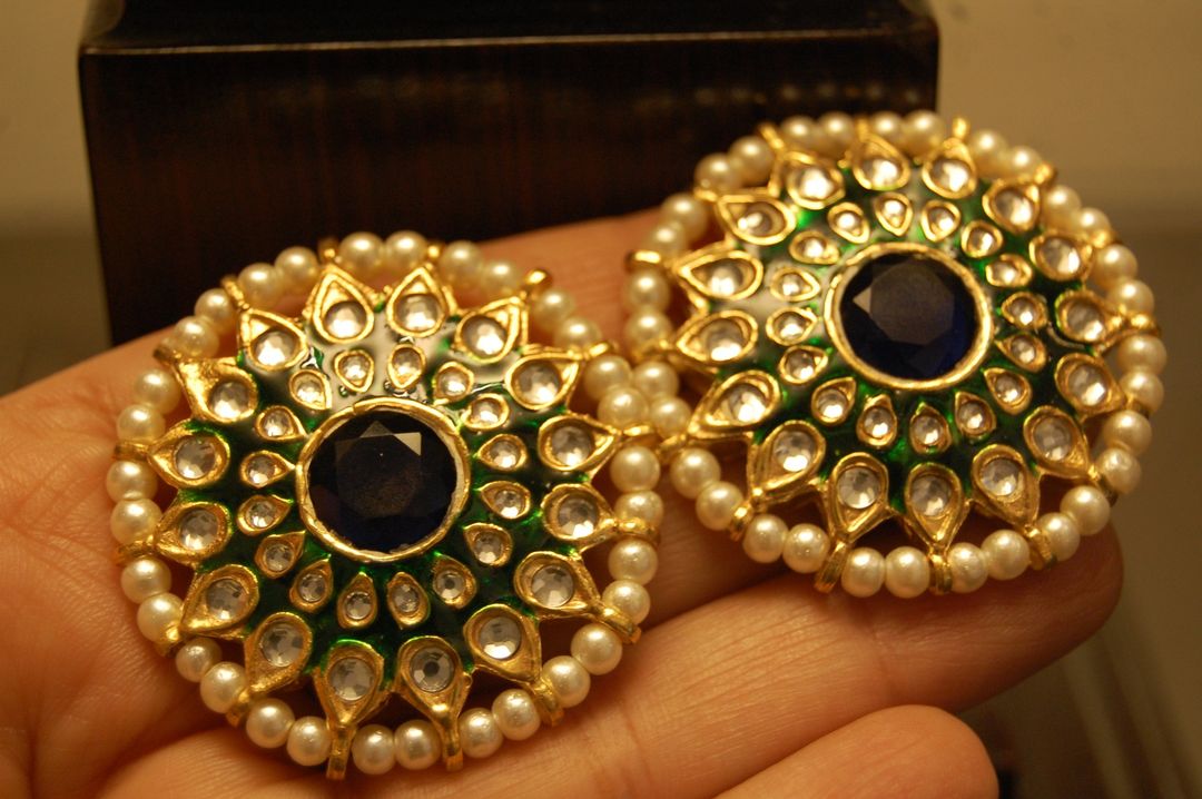 GREEN MEENA EARRINGS WITH KUNDAN & BLUE STONES