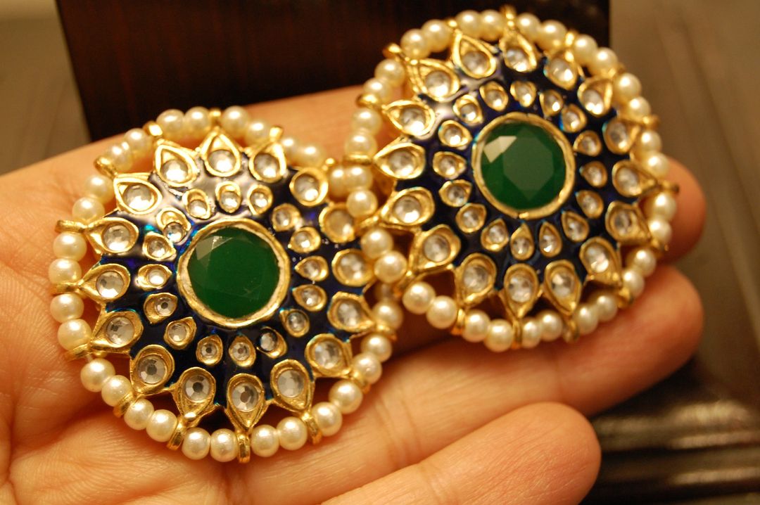 BLUE MEENA EARRINGS WITH KUNDAN & GREEN STONES