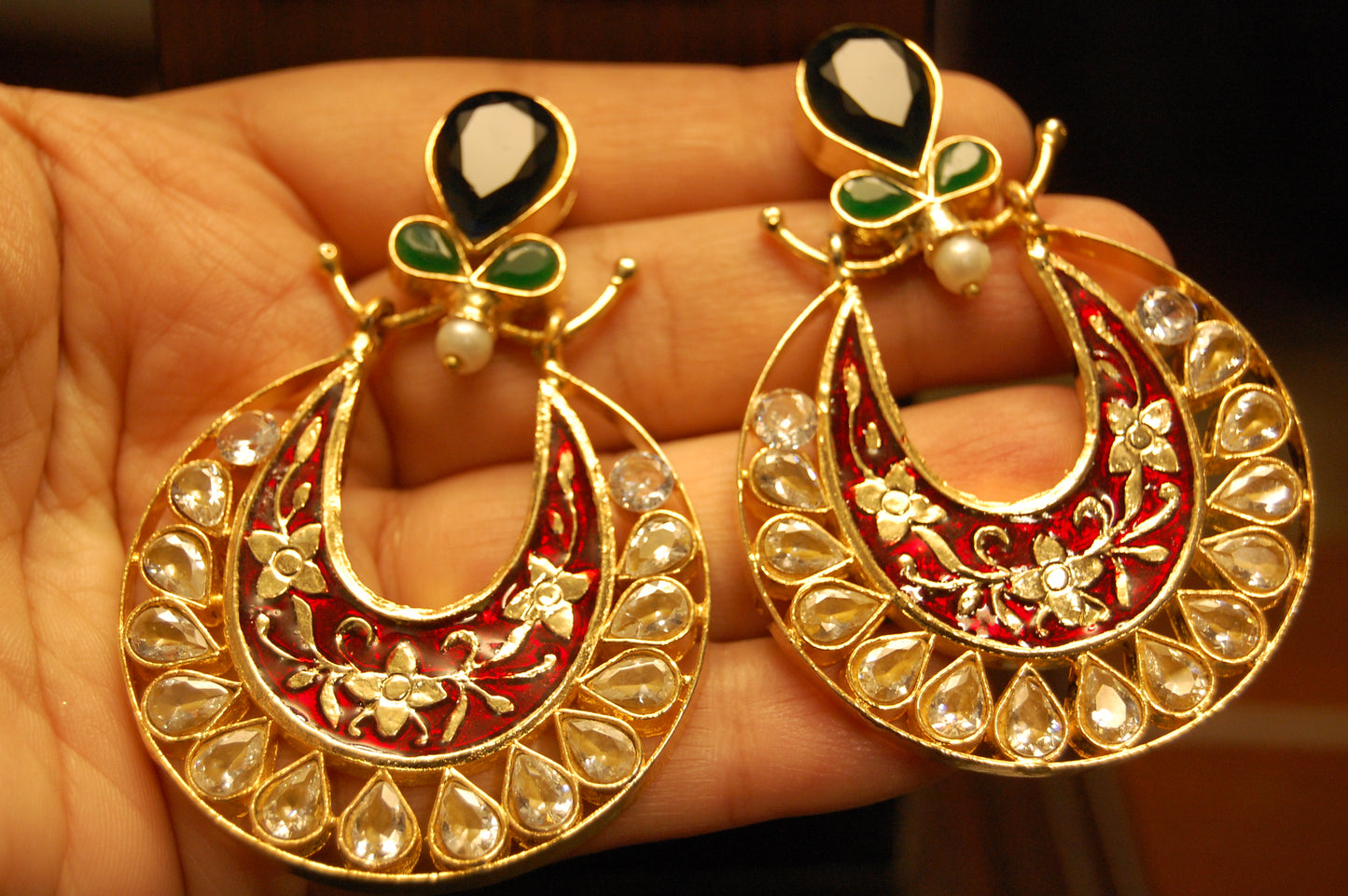 RED MEENA & KUNDAN EARRINGS WITH BLUE,GREEN