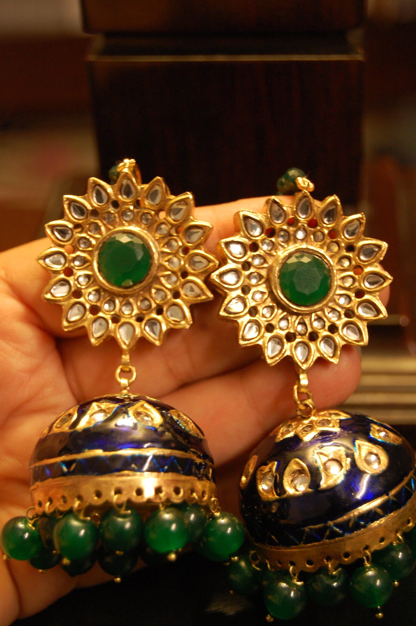 BLUE MEENA & GREEN KUNDAN JHUMKAS