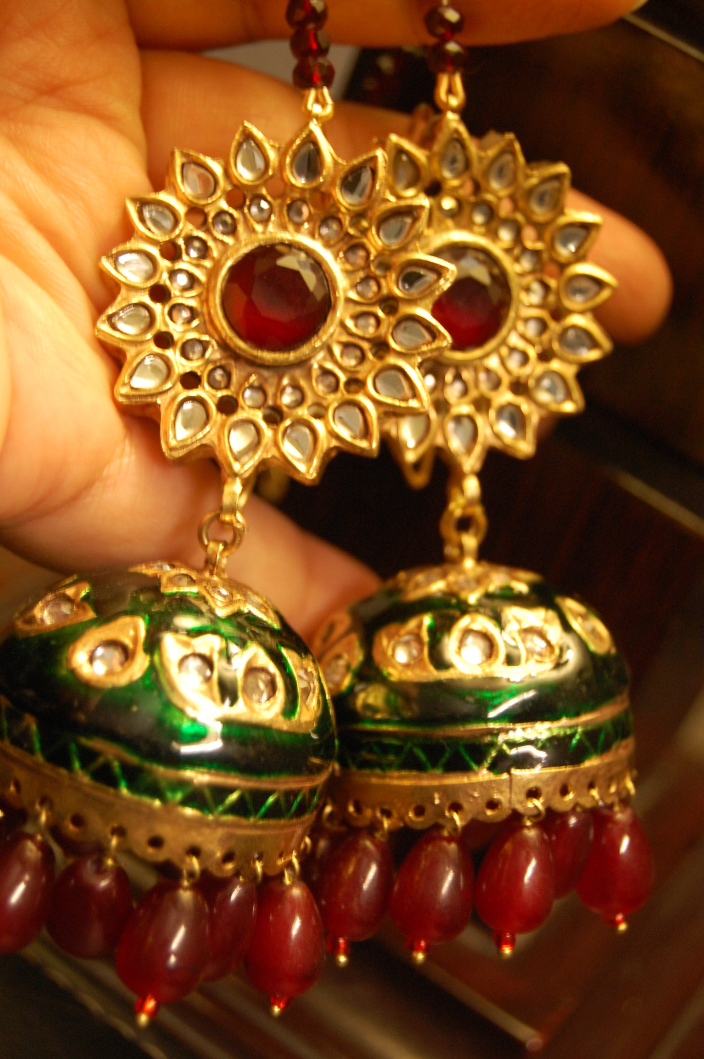 GREEN MEENA & RED KUNDAN JHUMKAS
