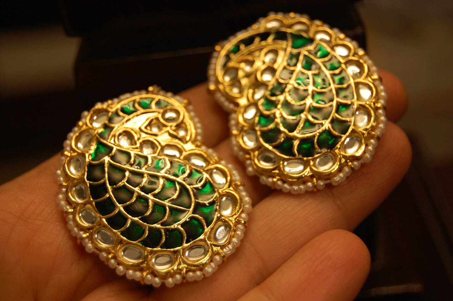 GREEN KUNDAN & MEENA PAISLEY EARRINGS