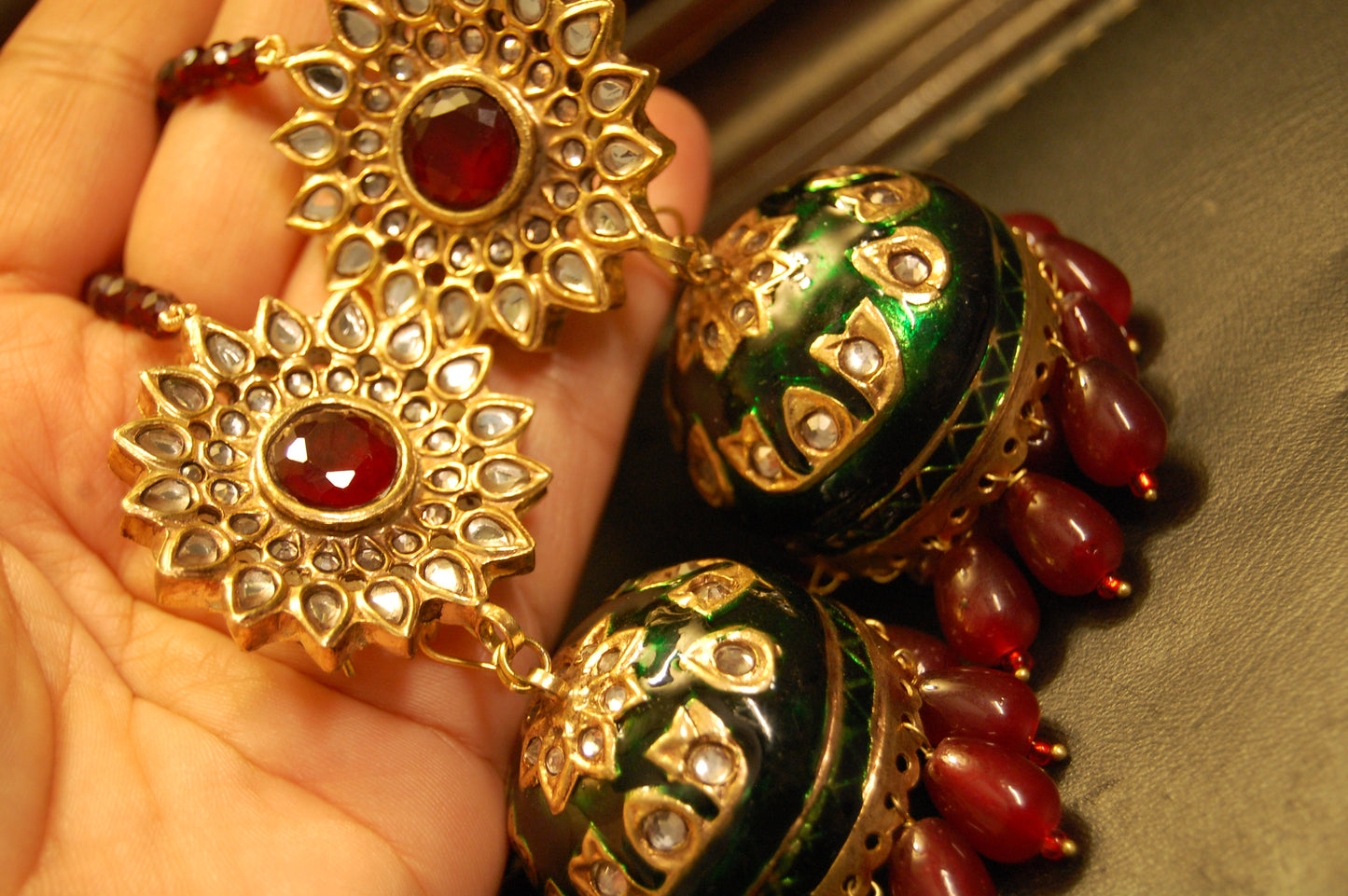 GREEN MEENA & RED KUNDAN JHUMKAS