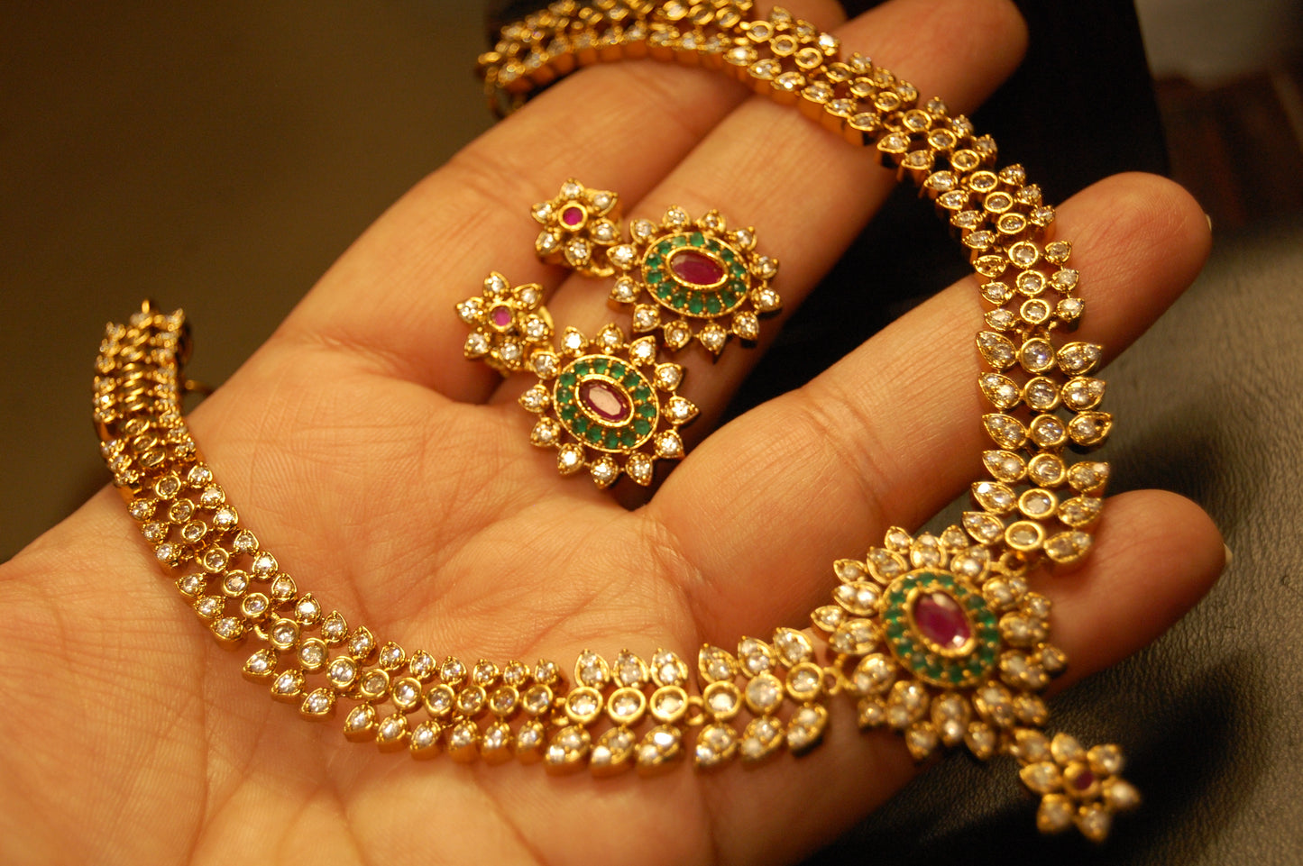 SOUTH INDIAN PEARL NECKLACE SET IN ZIRCON