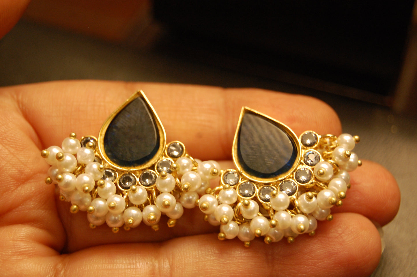 BLUE, KUNDAN & PEARL EARRINGS