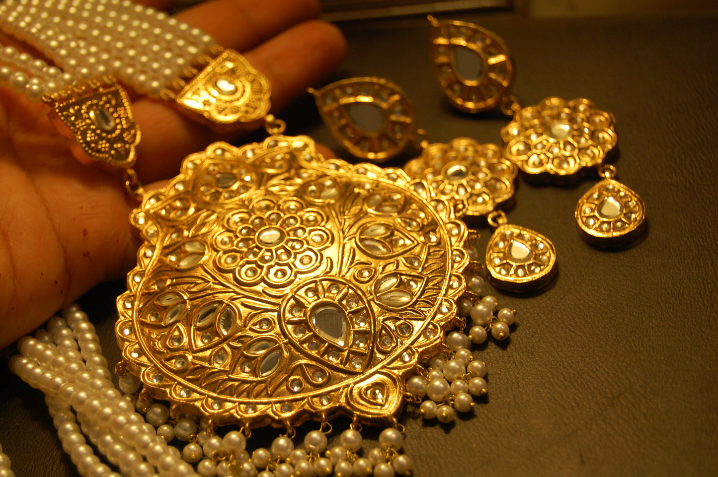 ELEGANT LONG KUNDAN, PEARLS MALA & EARRINGS SET