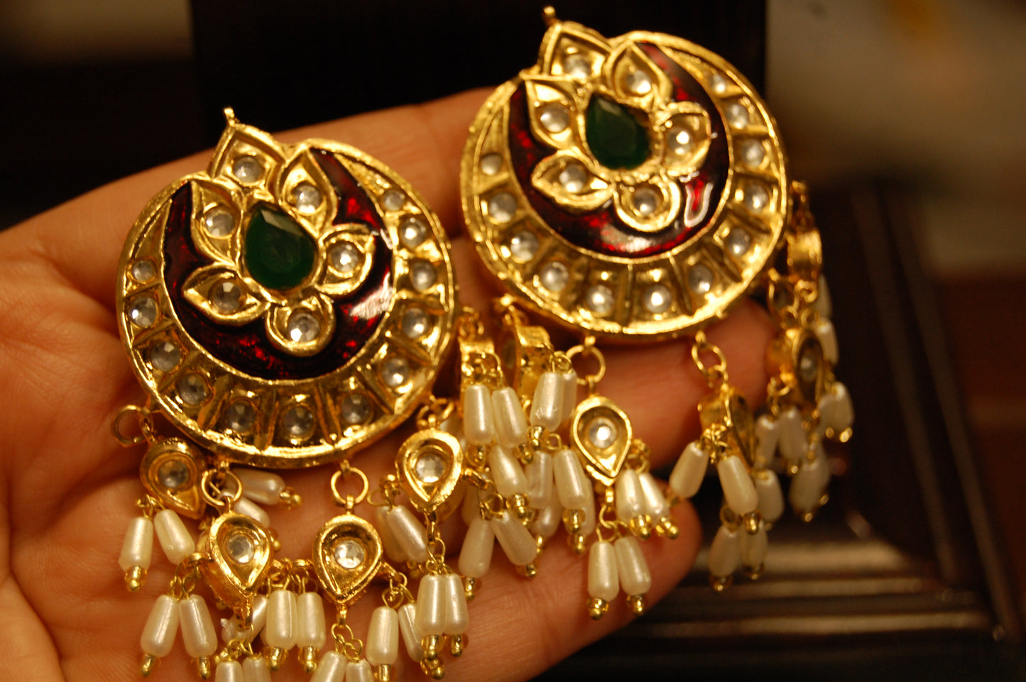 RED MEENA & GREEN EARRINGS WITH PEARLS
