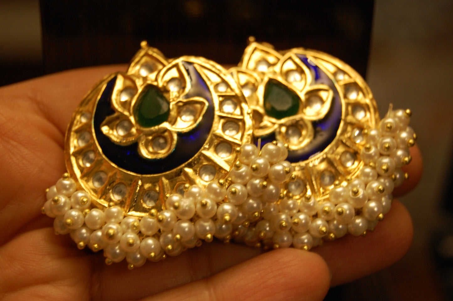 BLUE MEENA WITH BLUE STONE & PEARLS EARRINGS