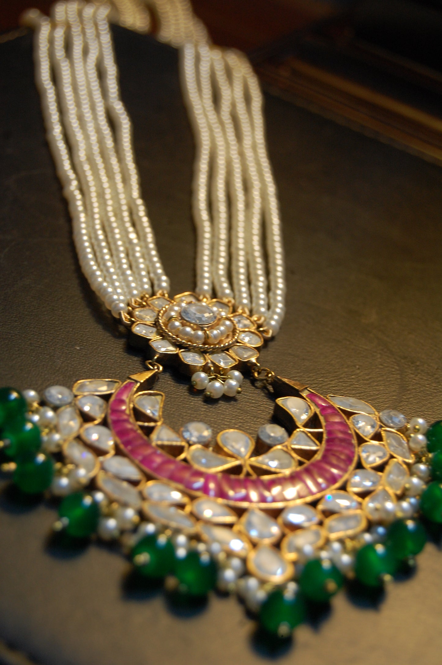 ELEGANT KUNDAN MALA IN RED & GREEN IN PEARLS STRING