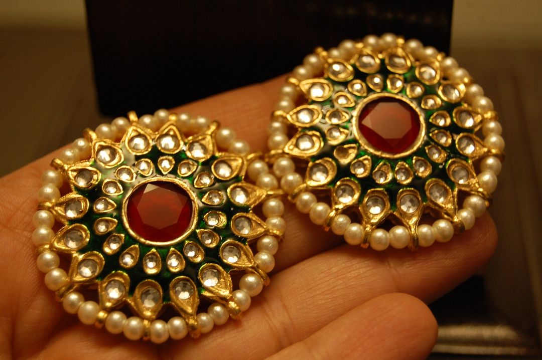 GREEN MEENA EARRINGS WITH KUNDAN & RED STONES