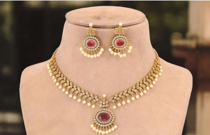 SOUTH INDIAN NECKLACE SET IN RED