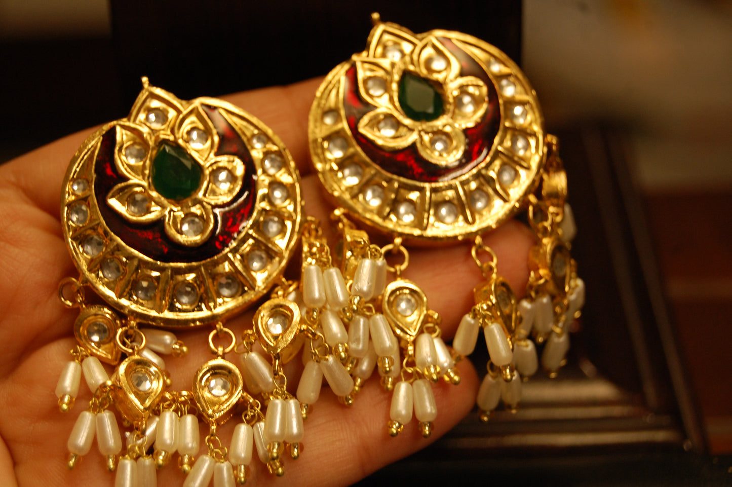 RED MEENA & GREEN EARRINGS WITH PEARLS