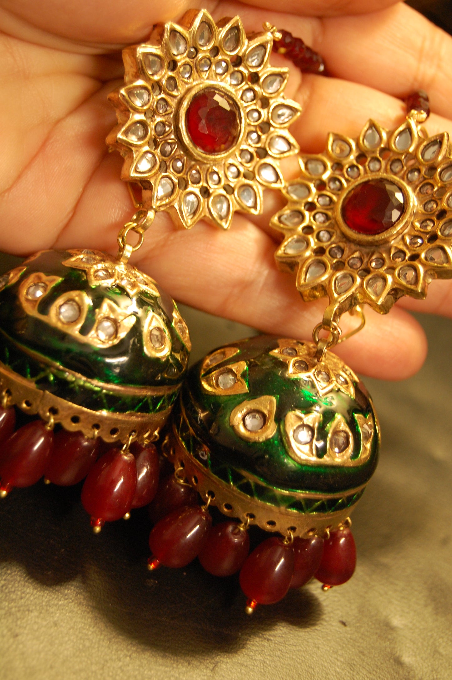 GREEN MEENA & RED KUNDAN JHUMKAS