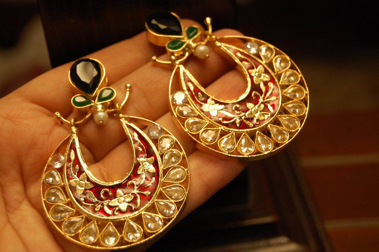 RED MEENA & KUNDAN EARRINGS WITH BLUE,GREEN