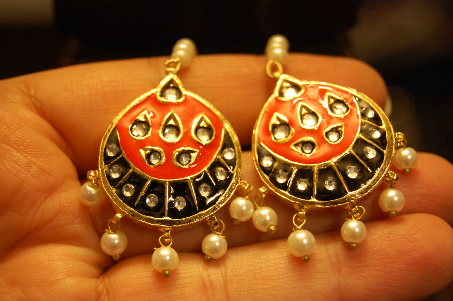 ORANGE MEENA & KUNDAN EARRINGS