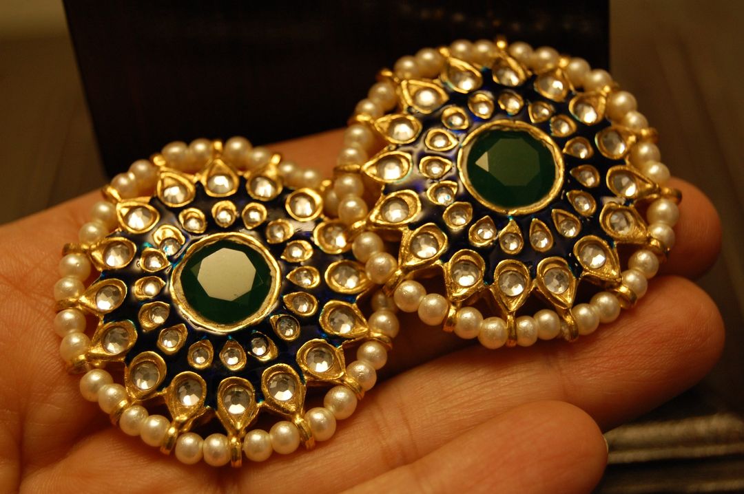 BLUE MEENA EARRINGS WITH KUNDAN & GREEN STONES