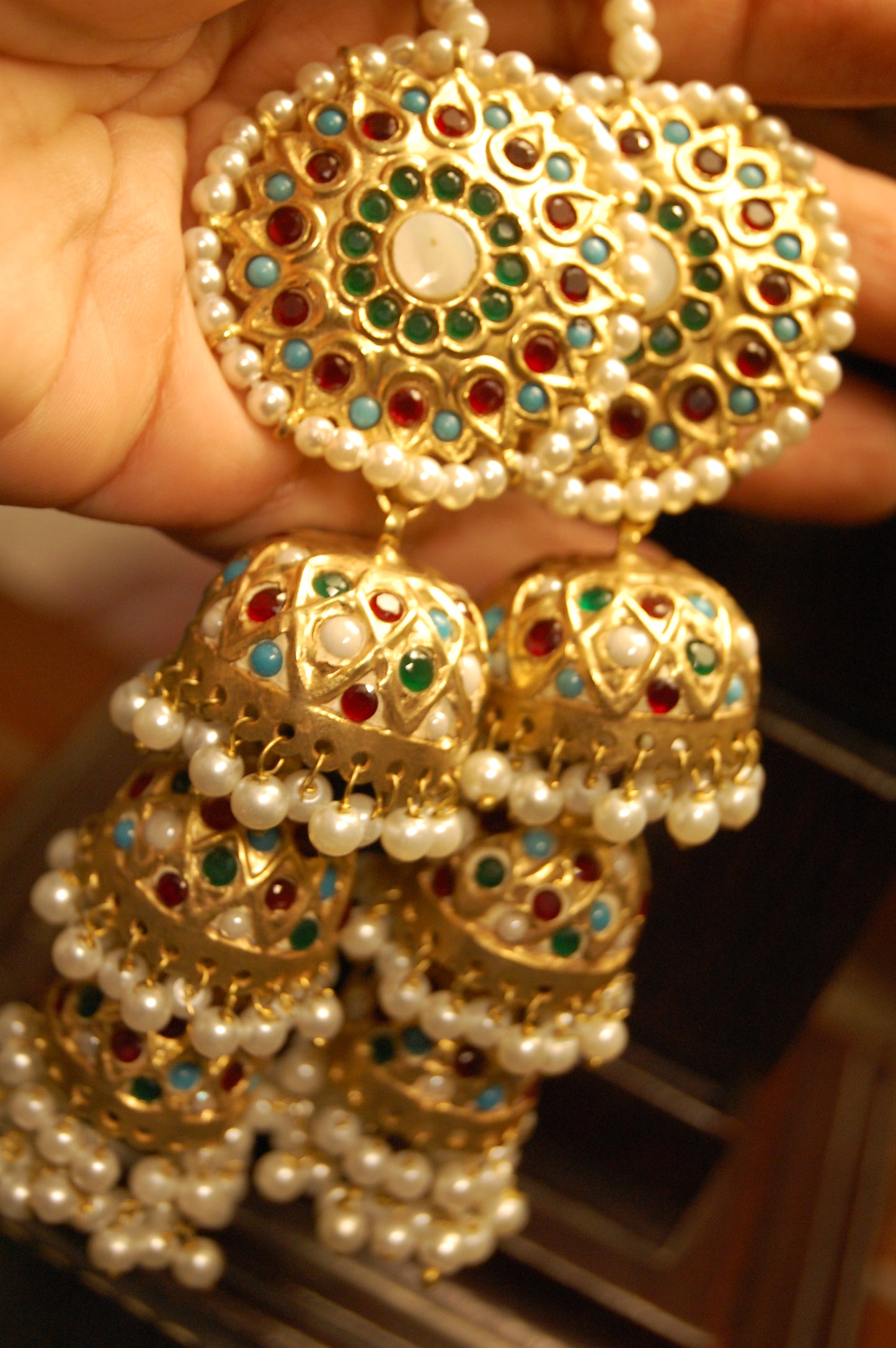 THREE LAYERED MULTI STONE JHUMKAS